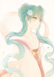 Rule 34 | 1girl, alternate costume, aqua eyes, aqua hair, chinese clothes, chuushuu meigetsu miku, closed mouth, female focus, flower, green eyes, green hair, hair flower, hair ornament, hatsune miku, japanese clothes, long hair, long sleeves, lpip, matching hair/eyes, simple background, sleeves past wrists, smile, solo, traditional clothes, twintails, very long hair, vocaloid, white background