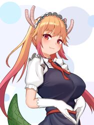 Rule 34 | 1girl, absurdres, ascot, breasts, closed mouth, dadada (hukutsu bot ), dotted background, dragon girl, dragon horns, dragon tail, elbow gloves, fang, gloves, green tail, highres, horns, kobayashi-san chi no maidragon, looking at viewer, maid, maid headdress, orange eyes, own hands together, red ascot, short sleeves, sidelocks, sideways glance, simple background, skin fang, slit pupils, smile, solo, steepled fingers, tail, tohru (maidragon), twintails, upper body, white gloves