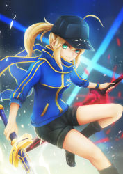 Rule 34 | 1girl, ahoge, artoria pendragon (fate), black footwear, black hat, black shorts, blonde hair, blue scarf, blue sweater, boots, coolnova, excalibur (fate/stay night), excalibur morgan (fate), fate/grand order, fate (series), floating hair, green eyes, hair between eyes, hat, highres, holding, holding sword, holding weapon, long hair, looking at viewer, mysterious heroine x (fate), peaked cap, ponytail, scarf, short shorts, shorts, sidelocks, solo, sweater, sword, weapon