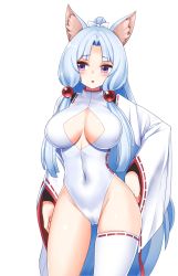 Rule 34 | alternate costume, animal ears, artist request, blue hair, blush, breast cutout, breasts, cameltoe, covered navel, eyebrows hidden by hair, fox ears, hair ribbon, hand on own hip, highres, large breasts, long hair, navel, open mouth, purple eyes, ribbon, tagme, thighhighs, touhoku itako, voiceroid, white ribbon, white thighhighs, wide hips