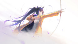 Rule 34 | 1girl, absurdres, animal ears, arrow (projectile), blonde hair, bow (weapon), closed mouth, commentary, drawing bow, dress, extra ears, floating hair, highres, holding, holding bow (weapon), holding weapon, hololive, hololive english, jacket, long hair, long sleeves, looking away, multicolored hair, ninomae ina&#039;nis, pointy ears, ponytail, purple hair, simple background, sleeveless, sleeveless dress, solo, streaked hair, tallgeese (lgeesel), very long hair, violet (ninomae ina&#039;nis), virtual youtuber, weapon, white background, white dress, yellow jacket