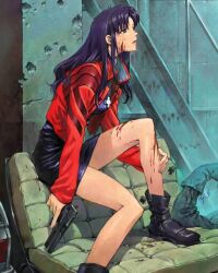 Rule 34 | 1girl, black dress, black footwear, blood, blood on face, blood on leg, boots, breasts, couch, cropped, cross, cross necklace, dress, fingernails, grey eyes, gun, highres, holding, holding gun, holding weapon, injury, jacket, jewelry, katsuragi misato, long hair, long sleeves, looking to the side, medium breasts, necklace, neon genesis evangelion, open clothes, open jacket, open mouth, parted bangs, purple hair, red jacket, sadamoto yoshiyuki, shadow, sidelocks, sitting, solo, third-party edit, third-party source, weapon, zipper