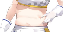 Rule 34 | 1girl, belly grab, blue archive, breasts, close-up, commentary request, gloves, highres, kotori (blue archive), kotori (cheer squad) (blue archive), medium breasts, micchamu, midriff, millennium cheerleader outfit (blue archive), muffin top, navel, pinching, pleated skirt, plump, simple background, skirt, solo, white background, white gloves, white skirt