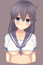 Rule 34 | 10s, 1girl, 2015, ahoge, alternate eye color, blue eyes, breasts, dated, flying sweatdrops, heart, heart-shaped pupils, highres, kantai collection, kuavera, large breasts, long hair, looking at viewer, school uniform, serafuku, simple background, solo, symbol-shaped pupils, tears, twitter username, underboob, upper body, ushio (kancolle)