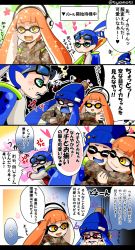 Rule 34 | 1boy, 2girls, anger vein, artist name, artist request, chamochi, comic, fang, goggles, goggles on head, gradient background, heart, highres, hug, ink tank (splatoon), inkling, inkling boy, inkling girl, inkling player character, monster boy, monster girl, multiple girls, nintendo, simple background, splat charger (splatoon), splatoon (series), splatoon 1, tears, tentacle hair, translation request