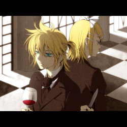 Rule 34 | 1boy, 1girl, alcohol, blonde hair, blue eyes, brother and sister, cup, drinking glass, hair ornament, hair ribbon, hairclip, highres, kagamine len, kagamine rin, kayu, knife, letterboxed, nazotoki (vocaloid), ribbon, siblings, twins, vocaloid, wine, wine glass