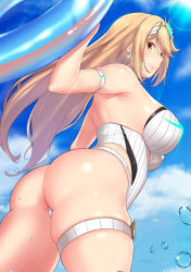 Rule 34 | 1girl, arm strap, ass, aster crowley, back, bare shoulders, blonde hair, blue sky, blush, breasts, closed mouth, earrings, highleg, highleg swimsuit, highres, innertube, jewelry, large breasts, long hair, looking at viewer, mythra (radiant beach) (xenoblade), mythra (xenoblade), nintendo, one-piece swimsuit, sky, smile, swept bangs, swim ring, swimsuit, thigh strap, thighs, tiara, white one-piece swimsuit, xenoblade chronicles (series), xenoblade chronicles 2, yellow eyes