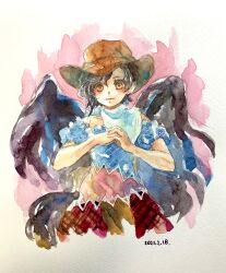 Rule 34 | 1girl, absurdres, black hair, black wings, blue shirt, brown eyes, brown hat, cowboy hat, cowboy shot, dated, feathered wings, hat, head tilt, highres, kurokoma saki, looking at viewer, medium hair, one-hour drawing challenge, own hands together, painting (medium), pink background, red skirt, shiroma (mamiko), shirt, short sleeves, simple background, skirt, solo, touhou, traditional media, watercolor (medium), white background, wings