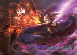 Rule 34 | 2girls, aiming, armor, arrow (projectile), battle, black legwear, blue eyes, blue kimono, bow, bow (weapon), breasts, detached collar, detached sleeves, fate/grand order, fate (series), faulds, flaming weapon, glowing, glowing sword, glowing weapon, hair between eyes, headband, holding, holding bow (weapon), holding sword, holding weapon, horns, japanese armor, japanese clothes, kimono, leaning forward, long hair, long sleeves, mashuu (neko no oyashiro), medium breasts, miyamoto musashi (fate), miyamoto musashi (third ascension) (fate), motion blur, multiple girls, obi, oni horns, open mouth, pauldrons, ponytail, profile, red bow, red eyes, sash, shawl, sheath, sheathed, short hair, shoulder armor, silver hair, simple background, sleeves past wrists, smoke, standing, sword, thighhighs, tomoe gozen (fate), translation request, very long hair, weapon, wide sleeves