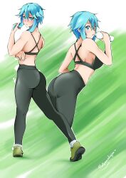 Rule 34 | 1girl, absurdres, alternate costume, ass, ass focus, blue eyes, blue hair, bottle, breasts, drinking, flatpancakesjim, gym, highres, looking back, medium breasts, pants, sinon, solo, sports bra, sportswear, sweat, sword art online, tight clothes, tight pants, water bottle, workout clothes