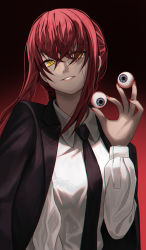 Rule 34 | 1girl, absurdres, black background, black jacket, black necktie, chainsaw man, collared shirt, crossed bangs, dubeaduver, gradient background, hair between eyes, highres, holding eye, jacket, looking at viewer, makima (chainsaw man), nail polish, necktie, open clothes, open jacket, red background, red hair, red nails, shirt, smile, solo, standing, teeth, upper body, white shirt, yellow eyes