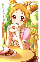 Rule 34 | 1girl, absurdres, aikatsu!, aikatsu! (series), arisugawa otome, blush, chair, cone hair bun, day, doughnut, eating, elbows on table, fence, food, hair bun, highres, holding, holding food, looking at viewer, outdoors, parted lips, pink shirt, pleated skirt, puffy short sleeves, puffy sleeves, red eyes, red skirt, sekina, shirt, short sleeves, sitting, skirt, smile, solo, table, tray, tree