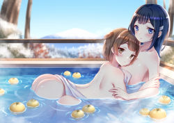Rule 34 | 2girls, ass, blue eyes, blue hair, blush, breasts, brown eyes, brown hair, collarbone, emia wang, highres, hiryuu (kancolle), kantai collection, large breasts, long hair, multiple girls, nude, one side up, onsen, open mouth, partially submerged, short hair, souryuu (kancolle)