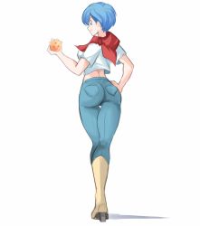 Rule 34 | 1girl, ass, blue eyes, blue hair, boots, bulma, denim, dragon ball, dragon ball (object), dragon ball super, dragonball z, from behind, hand on own hip, highres, jeans, looking at viewer, looking back, midriff, pants, parted lips, profile, rakeemspoon, shadow, shirt, short hair, short sleeves, simple background, smile, solo, standing, thigh gap, white background, white shirt