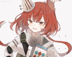 1girl :d animal_ears arknights armor brown_eyes ear_covers ear_tag figmnts flametail_(arknights) long_hair looking_at_viewer open_mouth red_hair shirt simple_background smile solo squirrel_ears teeth upper_body upper_teeth_only white_background white_shirt