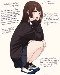 Rule 34 | 1girl, absurdres, arrow (symbol), black skirt, black socks, black sweater, blush, bob cut, brown background, brown eyes, brown hair, collared shirt, english text, full body, hair ornament, hairclip, highres, kapatarou, long hair, looking at viewer, open mouth, original, pleated skirt, school uniform, shirt, shoes, simple background, skirt, socks, solo, squatting, sweater, thick eyebrows, twitter username, uwabaki, white footwear, white shirt