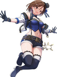 Rule 34 | 1girl, :d, absurdres, bare shoulders, belt, black belt, black footwear, black gloves, black jacket, black shorts, blue bustier, blue jacket, blue shorts, blush, boots, breasts, brown eyes, brown hair, commentary, cropped jacket, detached collar, from below, full body, gibun (sozoshu), gloves, hat, high heel boots, high heels, highres, idolmaster, idolmaster cinderella girls, jacket, jumping, light blush, looking at viewer, looking down, medium breasts, midriff, mini hat, mini top hat, mizuki seira, multicolored clothes, multicolored jacket, multicolored shorts, multiple belts, navel, off shoulder, open mouth, outstretched arms, short hair, short shorts, shorts, simple background, smile, solo, suspenders, thigh boots, thighhighs, top hat, wallet chain, white background, white jacket, white shorts, zettai ryouiki