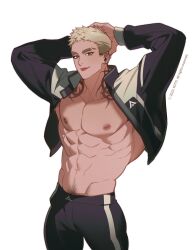 Rule 34 | 1boy, bara, blonde hair, copyright notice, ear piercing, highres, jacket, male focus, multiple piercings, muscular, muscular male, navel, neck tattoo, nipple piercing, nipples, open clothes, open jacket, original, pectorals, piercing, simple background, solo, tattoo, tongue, tongue out, tongue piercing, track suit, upper body, white background, yellow eyes, yotti