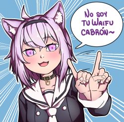 Rule 34 | :3, ahoge, animal ear fluff, animal ears, ascot, blue background, blush, buttons, cat ears, collar, collarbone, commentary request, emphasis lines, fang, finger wagging, hair between eyes, hand up, headband, hololive, index finger raised, long sleeves, looking at viewer, mefomefo, nekomata okayu, nekomata okayu (casual), open mouth, profanity, purple eyes, purple hair, sailor collar, short hair, simple background, solo, spanish commentary, spanish text, translated, upper body, virtual youtuber