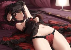 Rule 34 | 1girl, absurdres, arm on own head, arm up, bed, black dress, black hair, breasts, clock eyes, closed mouth, clothes lift, commentary, date a live, detached sleeves, dress, dress lift, female focus, frilled dress, frills, gun, heterochromia, highres, indoors, lamp, large breasts, lifting own clothes, lolita fashion, long hair, looking at viewer, looking to the side, lying, musket, navel, nightstand, on back, on bed, panties, pillow, polka dot, polka dot panties, red dress, red eyes, red panties, shengtian, solo, stomach, symbol-shaped pupils, tokisaki kurumi, twintails, two-tone dress, underwear, weapon, yellow eyes