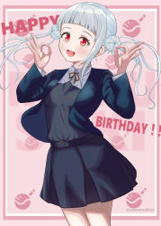 Rule 34 | 1girl, arashi chisato, artist name, artist request, bare legs, belt, blue cardigan, blue jacket, blush, bow, bowtie, breasts, buttons, cardigan, collared shirt, cropped jacket, double bun, double ok sign, dress, dress shirt, female focus, floating hair, grey belt, grey shirt, grey skirt, hair bun, hair tie, highres, jacket, long hair, long sleeves, looking at viewer, love live!, love live! superstar!!, miniskirt, nail, nail polish, neck ribbon, o-ring, o-ring belt, ok sign, parted lips, pink background, pink nails, plaid, plaid skirt, pleated, pleated skirt, red bow, red eyes, red ribbon, ribbon, school uniform, shirt, skirt, small breasts, smile, solo, twintails, wavy hair, white hair, white shirt, wing collar, yuigaoka school uniform