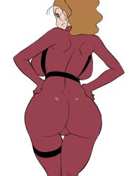 Rule 34 | 1girl, angry, ass, ass focus, back, backboob, black eyes, bodysuit, breasts, brown hair, cowboy shot, crayon shin-chan, curvy, from behind, hands on own hips, high ponytail, highres, large breasts, long hair, looking at viewer, looking back, oiroke, simple background, skin tight, solo, standing, thick thighs, thigh gap, thighs, vema, white background