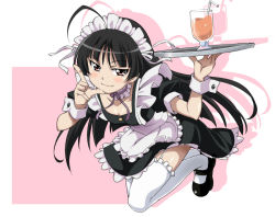 Rule 34 | 1girl, ahoge, alternate costume, apron, bad id, bad pixiv id, black hair, bow, drinking straw, frills, full body, garter straps, glass, hand on own cheek, hand on own face, jewelpet (series), jewelpet sunshine, juice, long hair, maid, maid apron, maid headdress, mary janes, mizushiro kanon, naughty face, neck ribbon, ribbon, rutarou, shoes, simple background, solo, thighhighs, tray, two-tone background, waist apron, waitress, white thighhighs, wrist cuffs