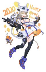 Rule 34 | 1girl, absurdly long hair, absurdres, black thighhighs, blue footwear, blush, braid, breasts, brown hair, character request, cleavage, copyright request, gun, highres, holding, holding gun, holding weapon, large breasts, long hair, open mouth, shoes, single braid, smile, sneakers, sohn woohyoung, solo, thighhighs, underboob, very long hair, weapon, yellow eyes
