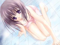 Rule 34 | 1girl, barefoot, bath, covered erect nipples, dutch angle, flat chest, game cg, jpeg artifacts, kneeling, magical tale, naked towel, purple eyes, purple hair, short hair, shuna, shuna (magical tale), solo, steam, tinker bell (pixiv 10956015), towel