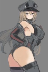 Rule 34 | 10s, 1girl, ass, bismarck (kancolle), blonde hair, blue eyes, blush, breasts, cowboy shot, grey background, hand on own hip, hand on own chest, hat, kantai collection, large breasts, long hair, looking at viewer, peaked cap, sketch, solo, sumisu (mondo), thighhighs