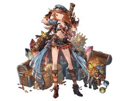 Rule 34 | 10s, 1girl, bag, belt, boots, fingerless gloves, full body, gem, gloves, goggles, gold, granblue fantasy, gun, hat, holding, holding weapon, jacket, knee boots, long coat, long hair, looking at viewer, mary (granblue fantasy), midriff, minaba hideo, oil lamp, one eye closed, orange eyes, orange hair, pleated skirt, short sleeves, simple background, skirt, smile, solo, transparent background, treasure chest, weapon