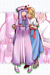 Rule 34 | 2girls, alice margatroid, blonde hair, boots, bow, capelet, crescent, dress, closed eyes, female focus, hair bow, hairband, holding hands, hat, heart, hug, hug from behind, jii baa, long hair, multiple girls, patchouli knowledge, pigeon-toed, purple hair, short hair, sidelocks, smile, striped, touhou, vertical stripes, very long hair, yuri, zoom layer