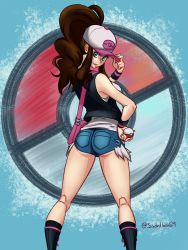 Rule 34 | 1girl, artist name, ass, baseball cap, blue eyes, boots, breasts, cameltoe, creatures (company), denim, denim shorts, feet out of frame, female focus, from behind, game freak, hat, highres, hilda (pokemon), holding, holding poke ball, kneepits, large breasts, lips, long hair, looking at viewer, looking back, nintendo, poke ball, poke ball (basic), pokemon, pokemon bw, ponytail, sadntboi69, short shorts, shorts, solo, standing, thick thighs, thighs, wallpaper