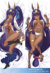 Rule 34 | 1girl, absurdly long hair, alternate costume, animal ears, areola slip, ass, belly chain, black socks, blue skirt, blush, bracelet, breasts, casual, closed mouth, collared shirt, commentary request, contemporary, dakimakura (medium), dark-skinned female, dark skin, dress shirt, earrings, egyptian clothes, facepaint, facial mark, fate/grand order, fate (series), hair between eyes, hair tubes, hairband, highres, hoop earrings, jackal ears, jewelry, kneehighs, legs, long hair, long sleeves, looking at viewer, low-tied long hair, medium breasts, multiple views, navel, necktie, nitocris (fate), open clothes, open shirt, plaid, plaid skirt, pleated skirt, ponytail, purple eyes, purple hair, shirt, sidelocks, skirt, smile, socks, thighlet, thighs, tonee, underboob, usekh collar, very long hair, white shirt