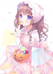 Rule 34 | &gt; &lt;, 1girl, :q, arm support, blue eyes, blush, blush stickers, bonnet, brown hair, candy, cookie, dress, eating, food, fork, frilled dress, frilled thighhighs, frills, ghost, halloween, halloween bucket, hand to own mouth, hat, highres, jack-o&#039;-lantern, juliet sleeves, layered sleeves, lollipop, long hair, long sleeves, original, pastel colors, pink background, pink dress, plaid, plaid dress, puffy sleeves, short over long sleeves, short sleeves, simple background, sitting, sleeves past wrists, solo, swirl lollipop, tareme, thighhighs, tongue, tongue out, usashiro mani, white background, white hat, white thighhighs
