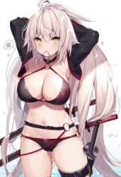 Rule 34 | 1girl, ahoge, armpits, arms behind head, bikini, black bikini, black choker, black jacket, breasts, choker, cleavage, commentary request, cropped jacket, day, fate/grand order, fate (series), jacket, jeanne d&#039;arc alter (swimsuit berserker) (fate), jeanne d&#039;arc (fate), jeanne d&#039;arc alter (fate), jeanne d&#039;arc alter (swimsuit berserker) (fate), katana, large breasts, long hair, muryotaro, navel, o-ring, o-ring bikini, o-ring bottom, o-ring top, ocean, outdoors, rubber band, shrug (clothing), sky, speech bubble, swimsuit, sword, thigh strap, very long hair, weapon, white hair, white sky, yellow eyes
