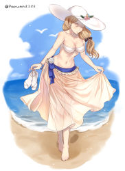 Rule 34 | 1girl, barefoot, beach, bikini, blonde hair, blue sky, blush, bow, bracelet, breasts, cleavage, closed eyes, closed mouth, cloud, day, fire emblem, fire emblem: three houses, full body, hair bow, haru (nakajou-28), hat, highres, holding, jewelry, large breasts, long hair, low ponytail, mercedes von martritz, navel, nintendo, sandals, sarong, sky, solo, standing, swimsuit, twitter username, water, white hat