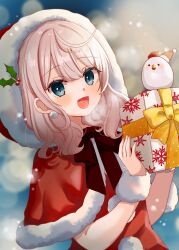 Rule 34 | 1girl, bird, black bow, blue eyes, bow, capelet, christmas, commentary request, dress, earrings, fur-trimmed capelet, fur cuffs, fur trim, gift, grey hair, hair ornament, hat, highres, holding, holding gift, holly hair ornament, hood, hooded capelet, jewelry, looking at viewer, medium hair, open mouth, original, outdoors, partial commentary, red capelet, red dress, rino cnc, santa dress, santa hat, smile, snowflake print, snowing, solo, upper body