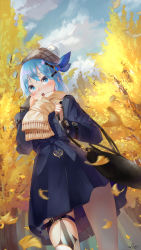Rule 34 | 1girl, bag, beret, blue dress, blue eyes, blue hair, blue sky, blush, bridal gauntlets, brown hat, brown scarf, cloud, cloudy sky, commentary request, day, dress, dutch angle, eyebrows hidden by hair, fringe trim, ginkgo leaf, ginkgo tree, hands up, hat, highres, leaf, long sleeves, looking at viewer, open mouth, original, outdoors, plaid headwear, saraki, scarf, shoulder bag, signature, sky, solo, standing, teeth, tree, upper teeth only, wrist cuffs
