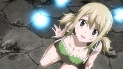 Rule 34 | 1girl, black eyes, blonde hair, breasts, dirty, fairy tail, floor, happy, kneeling, long hair, lucy heartfilia, magic, open mouth, ponytail, sitting, soul, tattoo