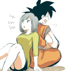 Rule 34 | 1boy, 1girl, annoyed, arm support, arms at sides, back-to-back, bare legs, black hair, blue eyes, blue hair, blue sash, blunt bangs, bulma, crossed legs, dot nose, dougi, dragon ball, dragonball z, feet out of frame, furrowed brow, green shirt, happy, knees together feet apart, laughing, light blush, looking back, medium hair, neko ni chikyuu, obi, on floor, open mouth, orange pants, pants, profile, puff of air, sash, shadow, shirt, simple background, sitting, son goku, spiked hair, spoken squiggle, squiggle, v-shaped eyebrows, white background