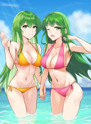 Rule 34 | 2girls, ;d, bare arms, bare shoulders, bikini, blue sky, chuu (rinet), cloud, commentary request, day, erinys (fire emblem), fire emblem, fire emblem: genealogy of the holy war, fire emblem: mystery of the emblem, green eyes, green hair, hand up, highres, holding hands, long hair, looking at viewer, multiple girls, navel, nintendo, ocean, one eye closed, open mouth, orange bikini, outdoors, palla (fire emblem), pink bikini, side-tie bikini bottom, sky, smile, standing, stomach, swimsuit, thighs, very long hair, wading, water, yellow bikini