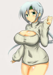 Rule 34 | 10s, 1girl, aqua eyes, bottomless, breasts, chitose (kancolle), cleavage, cleavage cutout, clenched hand, clothing cutout, curvy, fujikusa, hairband, huge breasts, kantai collection, looking at viewer, meme attire, open-chest sweater, ponytail, silver hair, smile, solo, sweater, wide hips
