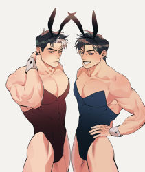 Rule 34 | 2boys, animal ears, arm behind head, bara, batman (series), black hair, black leotard, blue eyes, blue leotard, brothers, chengzhineixihuanxiaogou, closed mouth, covered abs, dc comics, dick grayson, fake animal ears, hand on own hip, highres, jason todd, large pectorals, leotard, looking at viewer, male focus, male playboy bunny, multicolored hair, multiple boys, muscular, muscular male, pectorals, playboy bunny, rabbit ears, short hair, siblings, sideburns, smile, strapless, strapless leotard, teeth, two-tone hair, white hair, wrist cuffs