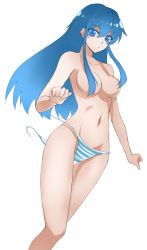 Rule 34 | 1girl, bad id, bad pixiv id, blue eyes, blue hair, breasts, censored, convenient censoring, dutch angle, long hair, looking at viewer, matching hair/eyes, navel, panties, prime, side-tie panties, sidelocks, simple background, solo, striped clothes, striped panties, thigh gap, thighs, topless, underwear, untied panties, white background