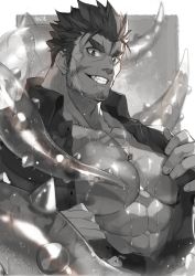 Rule 34 | 1boy, abs, bara, beard, black hair, dagon (housamo), facial hair, greyscale, highres, large pectorals, long sideburns, looking at viewer, male focus, manly, monochrome, muscular, nikism, nipples, pectorals, smile, solo, tentacles, tokyo houkago summoners, wet