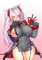 Rule 34 | 1girl, :p, absurdres, antenna hair, azur lane, black gloves, blush, breasts, buttons, commentary request, covered erect nipples, cross, eyes visible through hair, garter straps, gloves, gradient background, hair between eyes, hand to own mouth, hand up, headgear, highres, iron cross, large breasts, long hair, long sleeves, looking at viewer, miso tanuki, mole, mole on breast, multicolored hair, nipple slip, nipples, ok sign, orange eyes, prinz eugen (azur lane), red hair, silver hair, solo, standing, streaked hair, swept bangs, thighhighs, tongue, tongue out, two side up, very long hair, wide sleeves