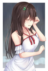Rule 34 | 1girl, bare shoulders, blush, breasts, broken heart, brown hair, closed eyes, collarbone, crying, dress, facing away, hair ornament, heart, highres, large breasts, long hair, original, parted lips, rain, solo, white dress, ym (distance819)