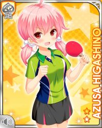 Rule 34 | 1girl, :o, angry, ball, card (medium), character name, clenched hand, collar, collarbone, girlfriend (kari), green shirt, grey skirt, higashino azusa, holding, holding paddle, looking at viewer, official art, open mouth, paddle, pants, pink eyes, pink hair, qp:flapper, shirt, skirt, solo, standing, table tennis ball, table tennis paddle, tagme, twintails, v-shaped eyebrows, yellow background