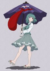 1girl bare_legs blue_eyes blue_hair blue_skirt blue_vest breasts brown_footwear closed_mouth cross-laced_clothes geta grey_background happy highres juliet_sleeves long_sleeves no_socks oil-paper_umbrella puffy_sleeves purple_umbrella red_eyes shirt simple_background skirt small_breasts smile solo tatara_kogasa touhou umbrella uzou_ck0l65ckol47909 vest white_shirt